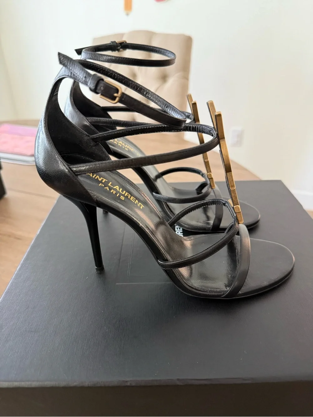 Saint Laurent Black Leather Heels with Gold YSL Logo T-Strap